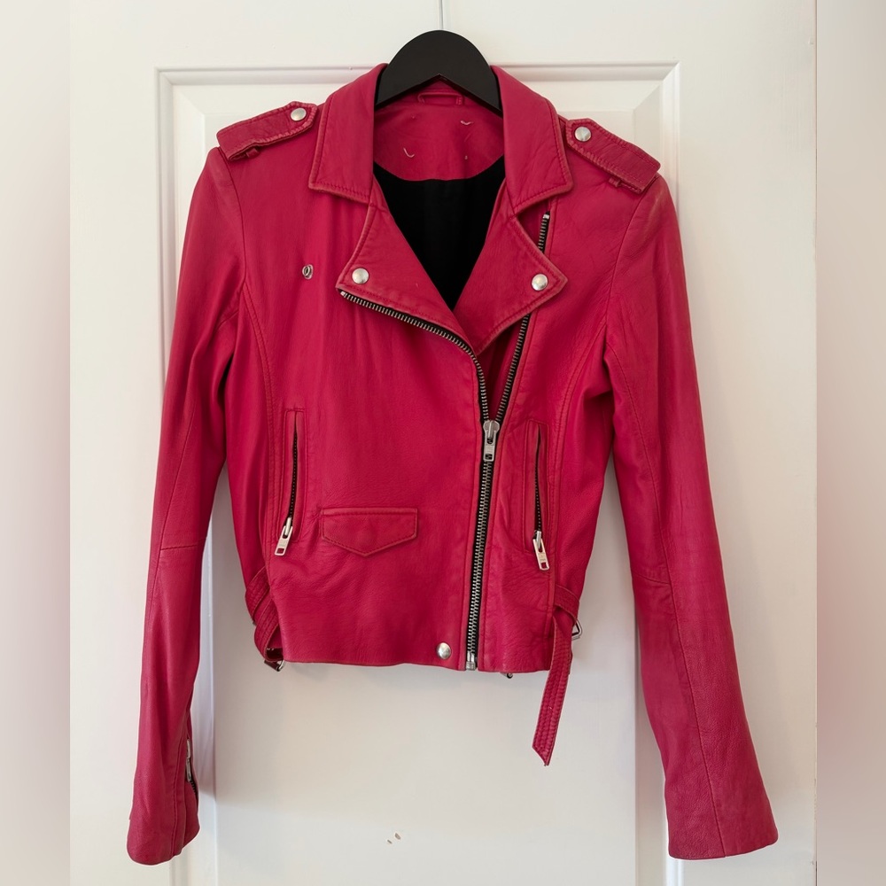 Iro Women’s Magenta Pink Ashville Lamb Leather Biker Moto Jacket size 0